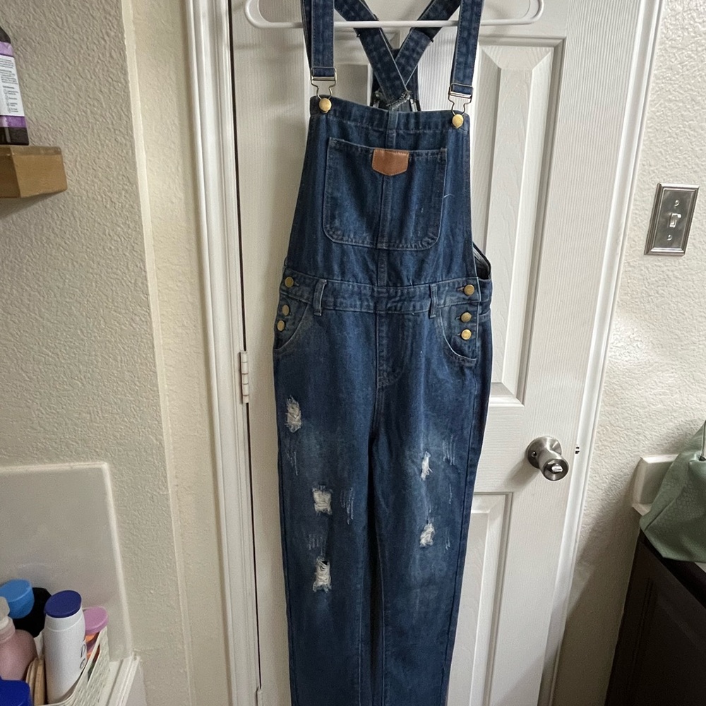 Dark Blue Distressed Denim Overalls